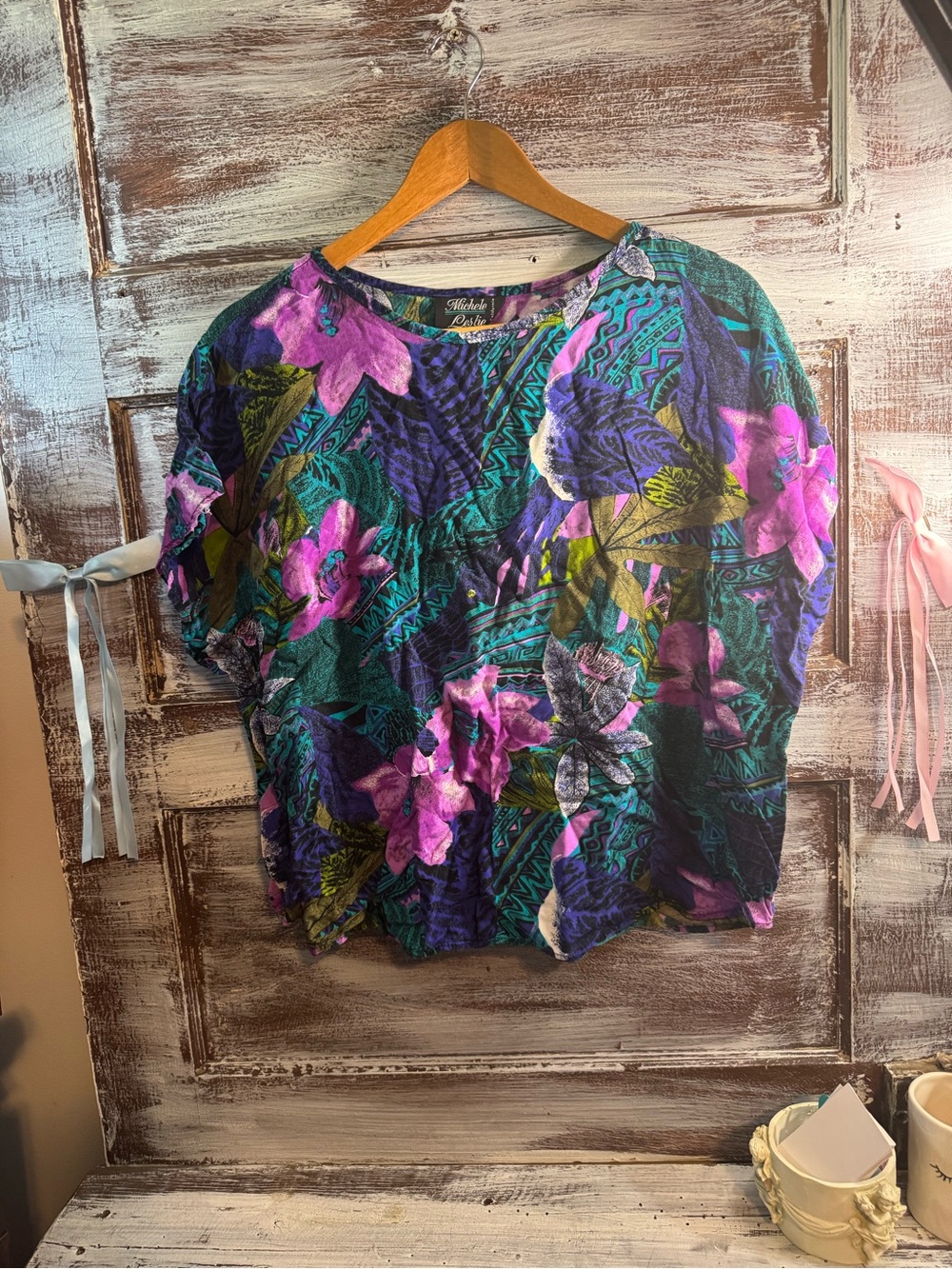 Vibrant Floral Short Sleeve Blouse in Purple & Teal